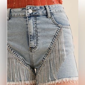 Rhinestone Fringe High Waisted Shorts